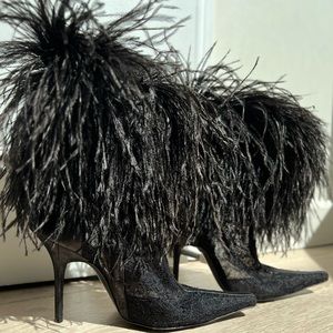 Rene Caovilla Unique Lace Bootie with Feather Detail One of the Kind